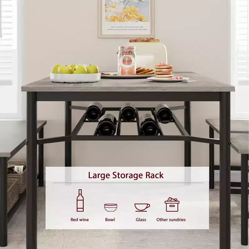 Dining Table Set for 4, Wooden Rectangular Kitchen Table with 2 Chairs and Bench, Dining Room Table with Wine Rack for Small Space, Apartment, Home