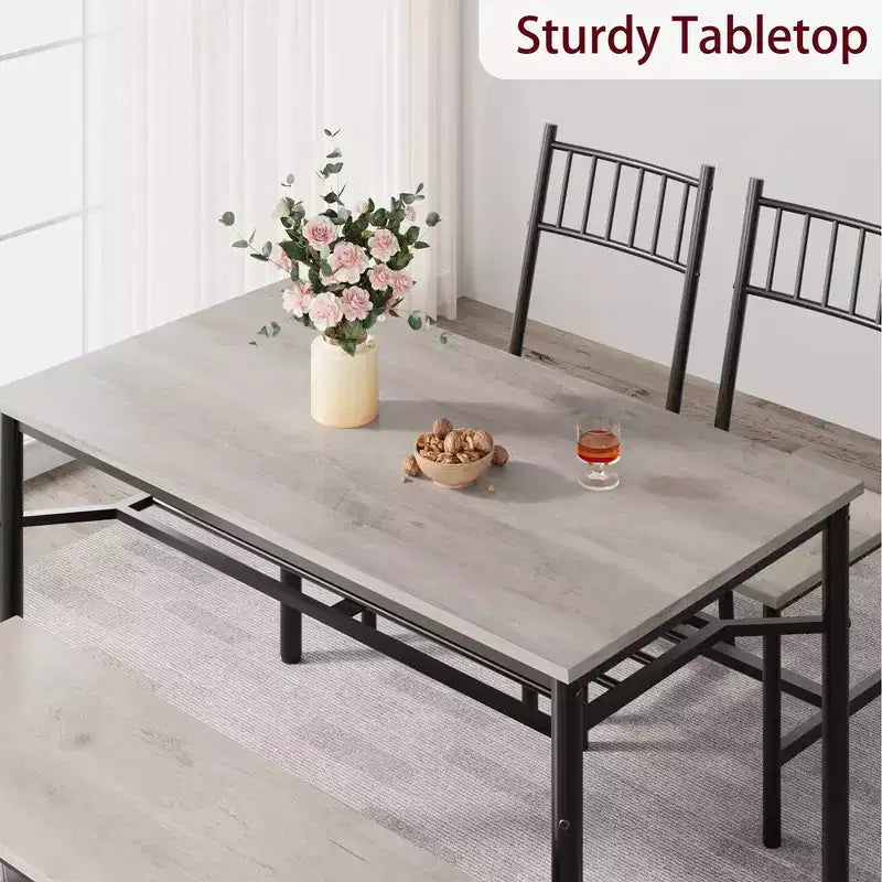 Dining Table Set for 4, Wooden Rectangular Kitchen Table with 2 Chairs and Bench, Dining Room Table with Wine Rack for Small Space, Apartment, Home