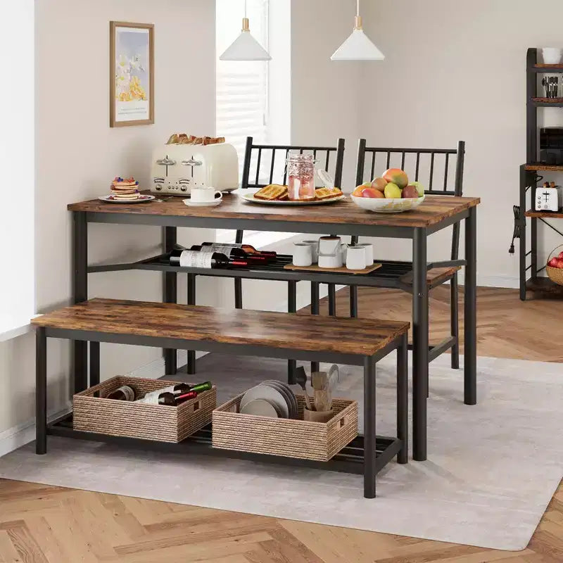 Dining Table Set for 4, Wooden Rectangular Kitchen Table with 2 Chairs and Bench, Dining Room Table with Wine Rack for Small Space, Apartment, Home
