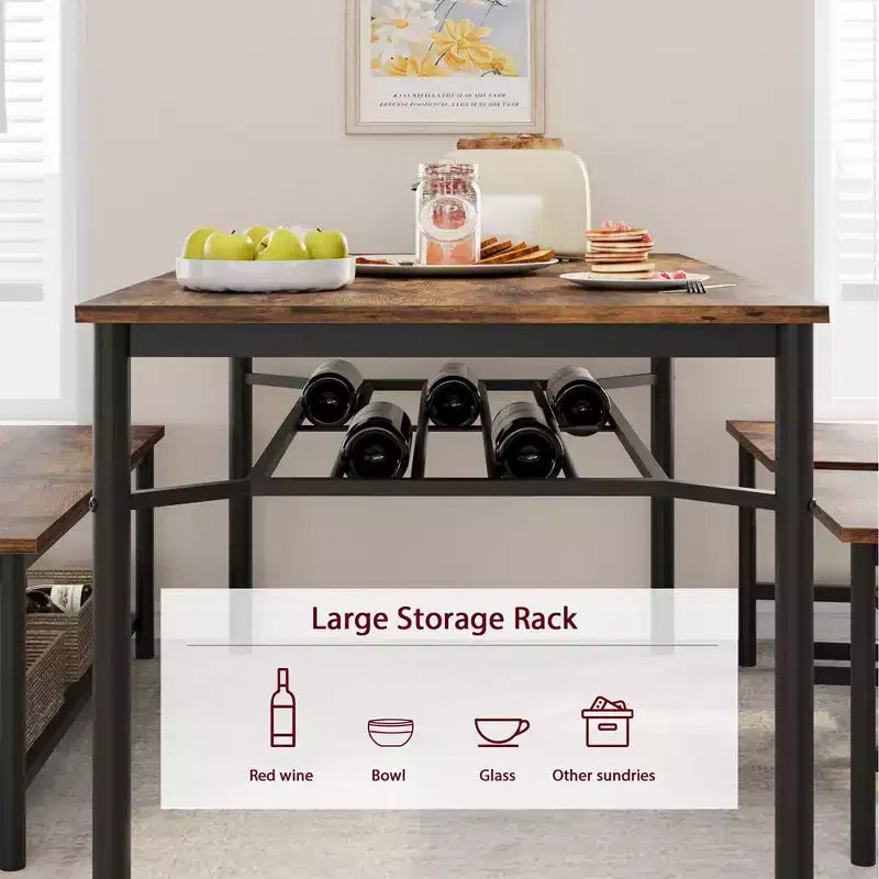 Dining Table Set for 4, Wooden Rectangular Kitchen Table with 2 Chairs and Bench, Dining Room Table with Wine Rack for Small Space, Apartment, Home
