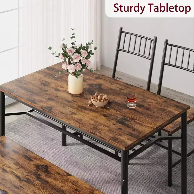 Dining Table Set for 4, Wooden Rectangular Kitchen Table with 2 Chairs and Bench, Dining Room Table with Wine Rack for Small Space, Apartment, Home