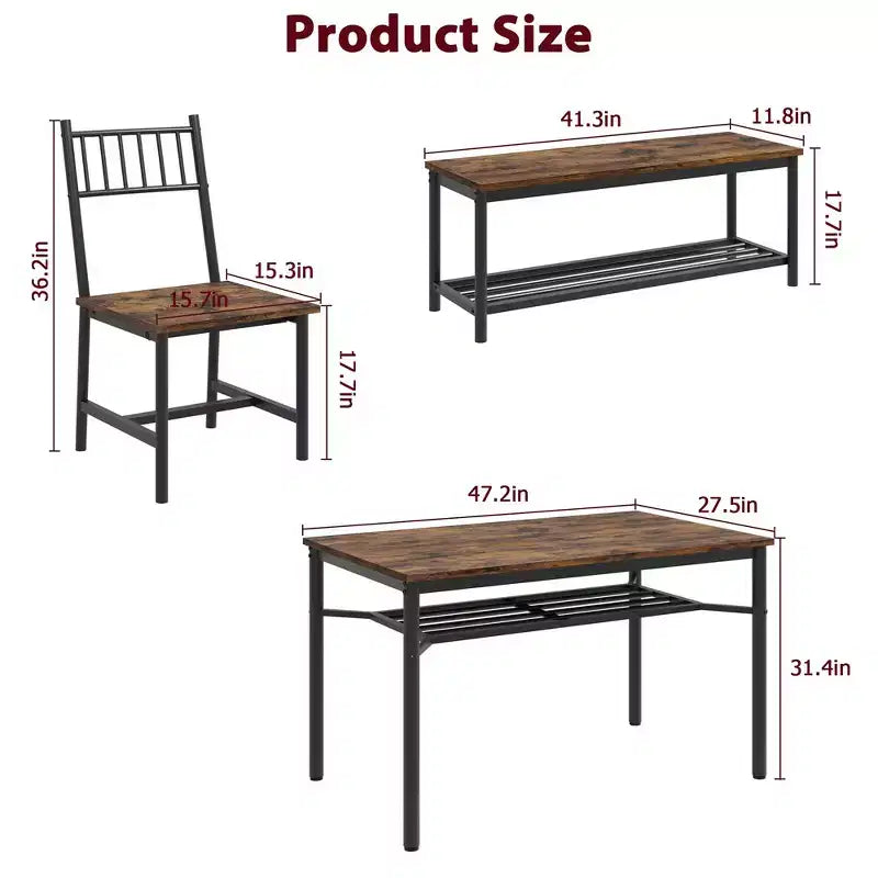 Dining Table Set for 4, Wooden Rectangular Kitchen Table with 2 Chairs and Bench, Dining Room Table with Wine Rack for Small Space, Apartment, Home
