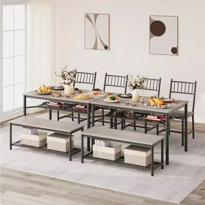 Dining Table Set for 4, Wooden Rectangular Kitchen Table with 2 Chairs and Bench, Dining Room Table with Wine Rack for Small Space, Apartment, Home