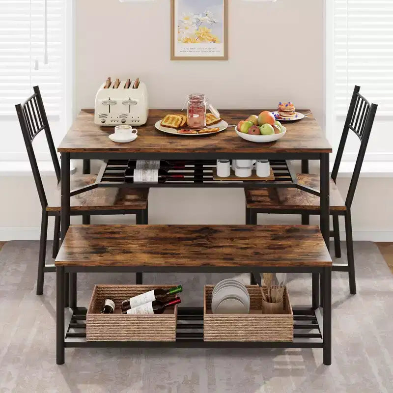 Dining Table Set for 4, Wooden Rectangular Kitchen Table with 2 Chairs and Bench, Dining Room Table with Wine Rack for Small Space, Apartment, Home