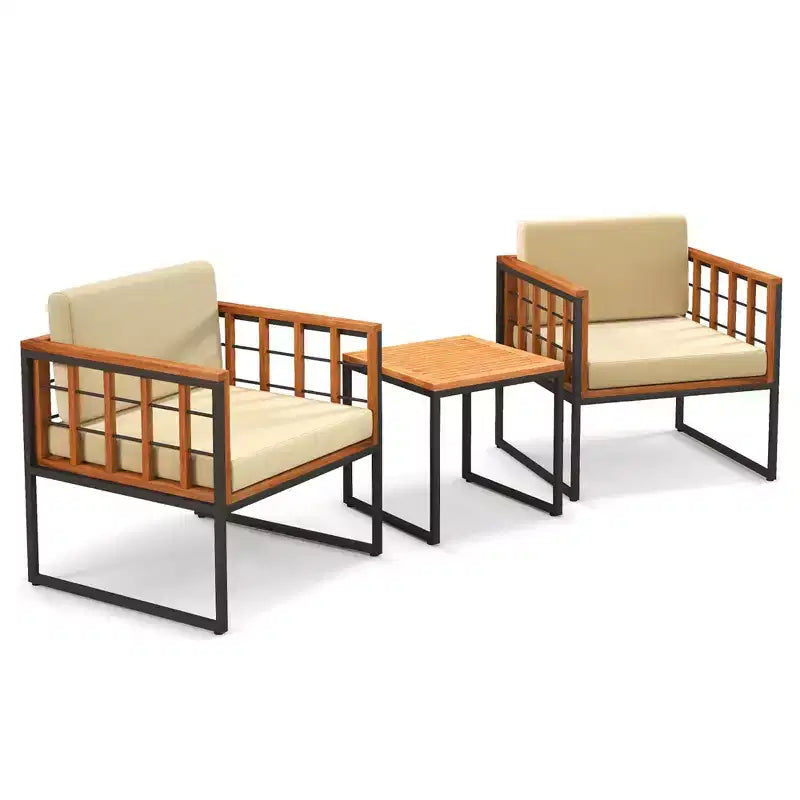 Costway Salon de jardin 3 pièces en bois d'acacia avec coussins moelleux et support en métal