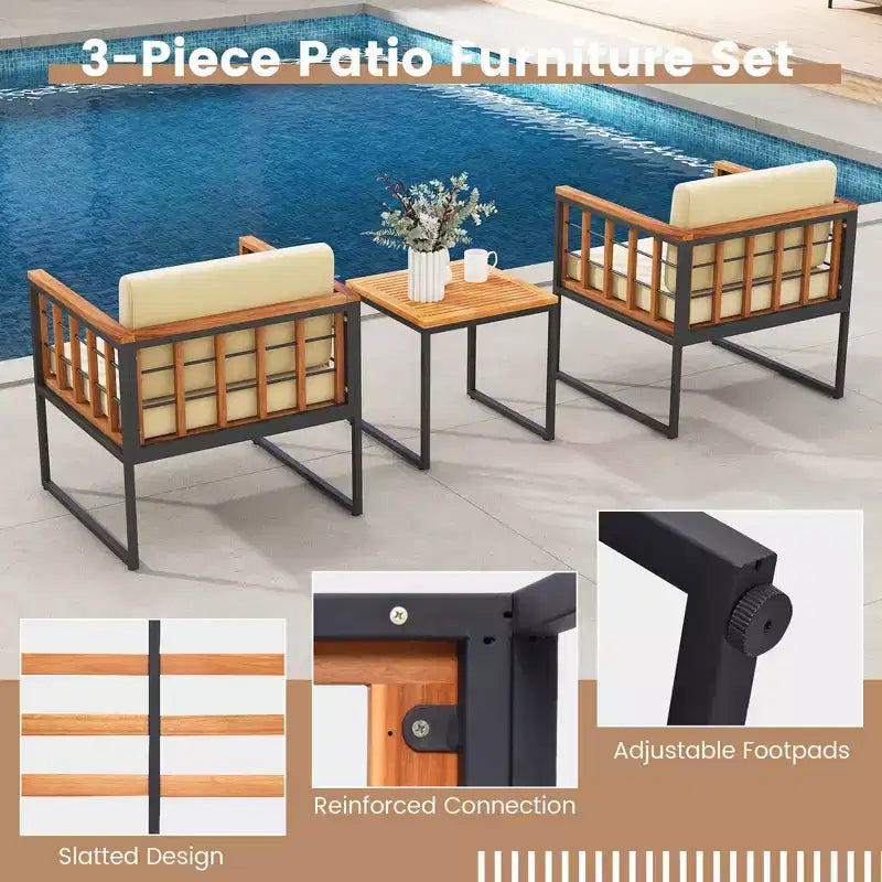 Costway Salon de jardin 3 pièces en bois d'acacia avec coussins moelleux et support en métal