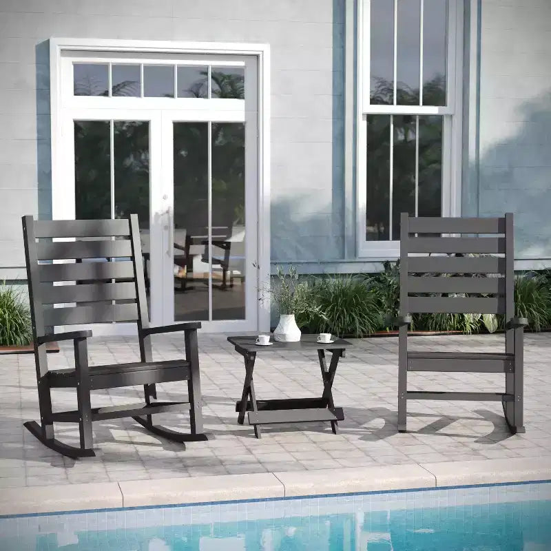 Emma and Oliver 3-Piece Indoor/Outdoor Set with 2 Modern-Style Rocking Chairs with Matching End Table for All-Weather Use