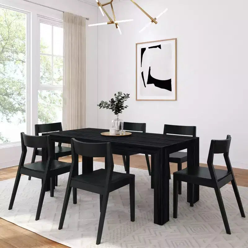 Ensemble table de salle à manger moderne en bois massif Plank+Beam 72, brossé noir, + 6 chaises