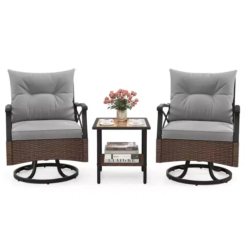 Costway 3 PCS Patio Swivel Rocker Set with 2-Tier Coffee Table & Cozy Seat Back Cushions