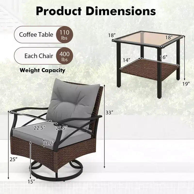 Costway 3 PCS Patio Swivel Rocker Set with 2-Tier Coffee Table & Cozy Seat Back Cushions