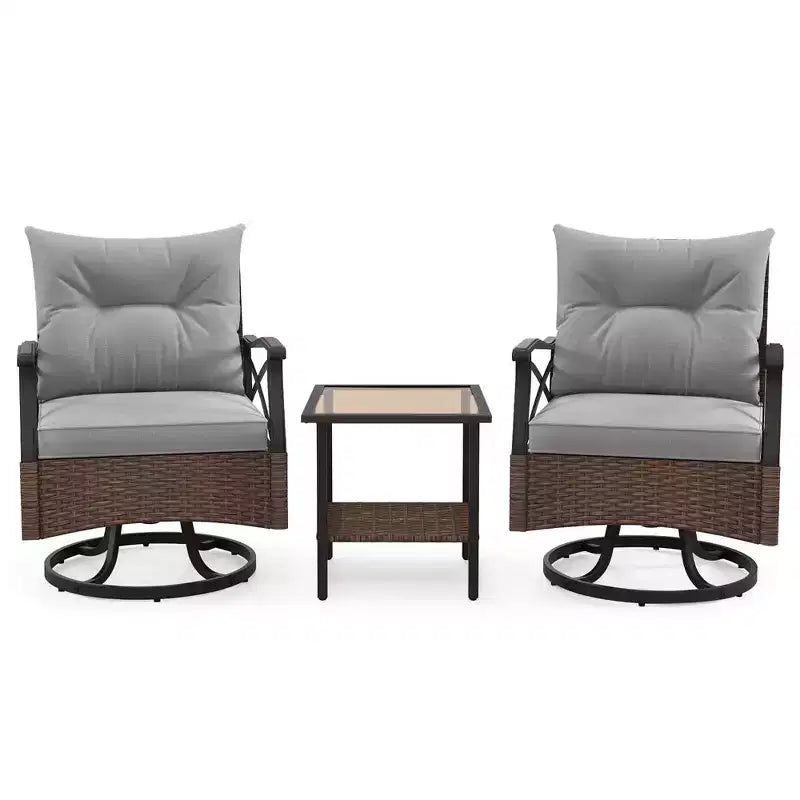 Costway 3 PCS Patio Swivel Rocker Set with 2-Tier Coffee Table & Cozy Seat Back Cushions