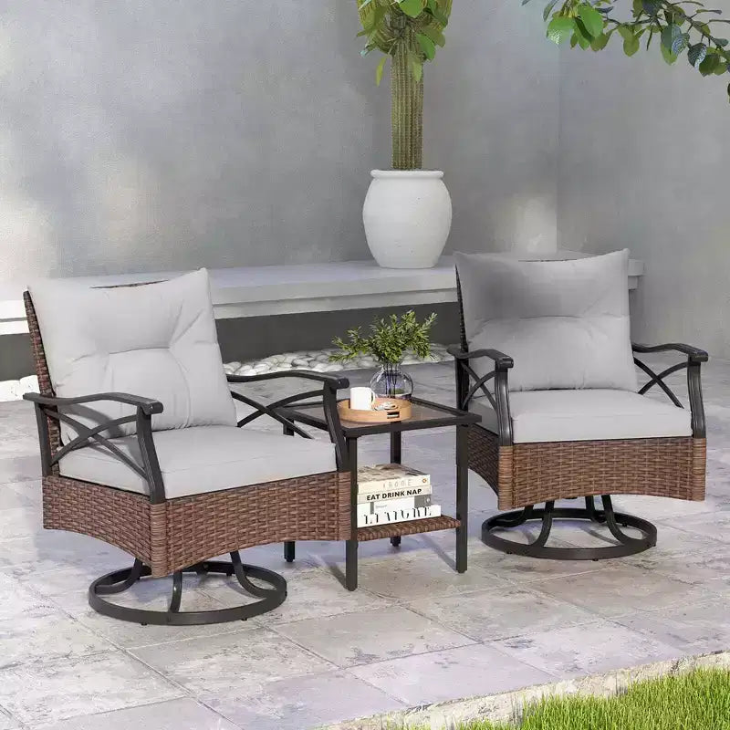 Costway 3 PCS Patio Swivel Rocker Set with 2-Tier Coffee Table & Cozy Seat Back Cushions