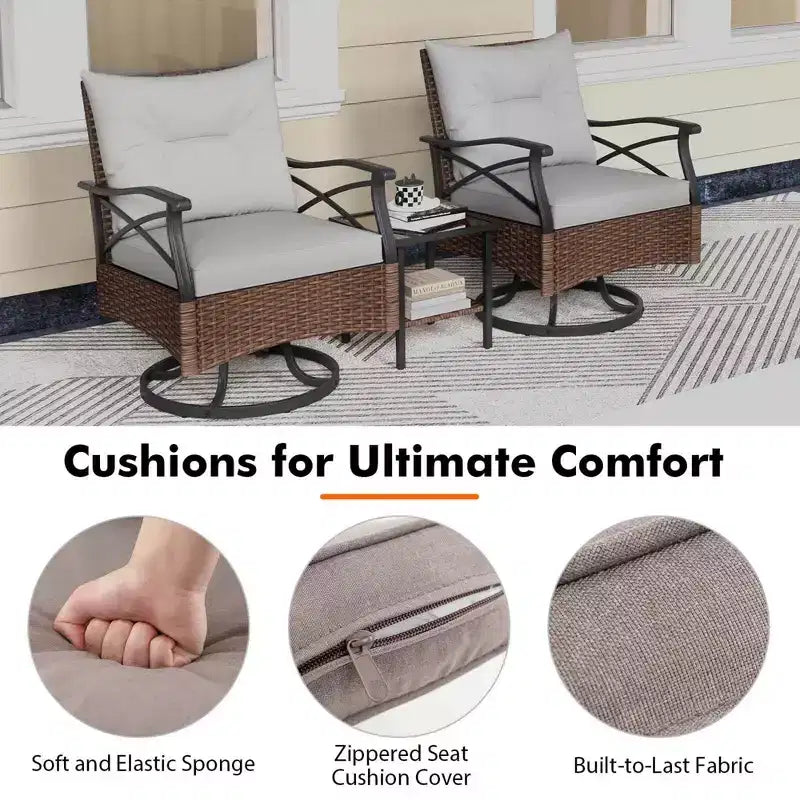 Costway 3 PCS Patio Swivel Rocker Set with 2-Tier Coffee Table & Cozy Seat Back Cushions