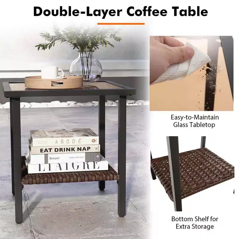 Costway 3 PCS Patio Swivel Rocker Set with 2-Tier Coffee Table & Cozy Seat Back Cushions