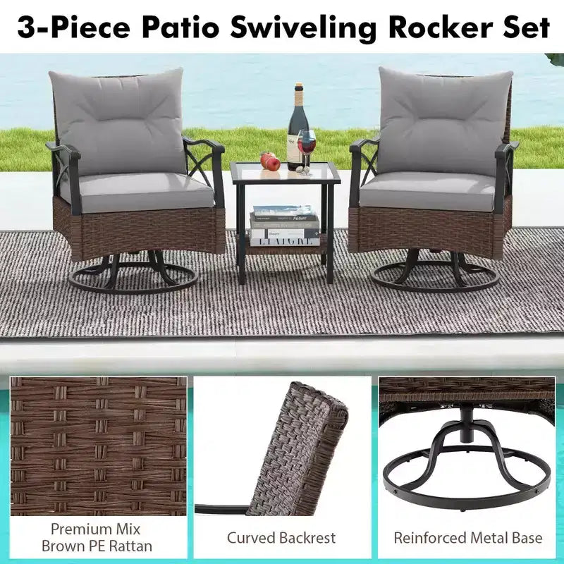 Costway 3 PCS Patio Swivel Rocker Set with 2-Tier Coffee Table & Cozy Seat Back Cushions