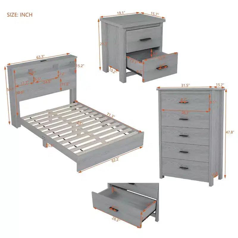 4-Piece Bedroom Sets, Queen Size Vintage Wooden Bed Frame with 2 Nightstands and 1 Dresser 4Q - ModernLuxe