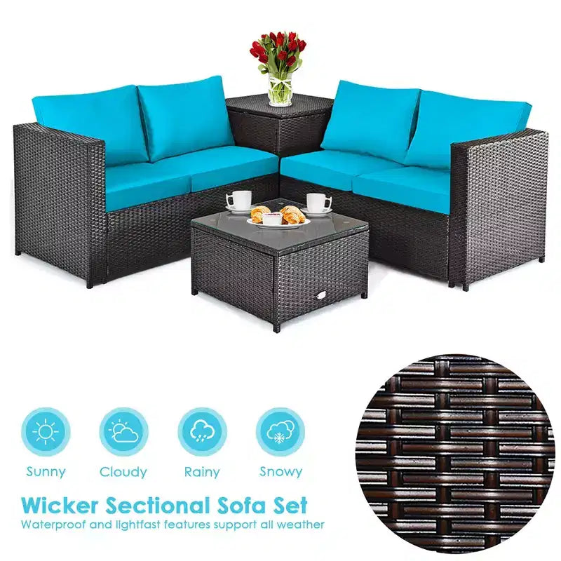 Costway 4PCS Outdoor Patio Rattan Furniture Set Cushion Loveseat Storage Table Turquoise\Red