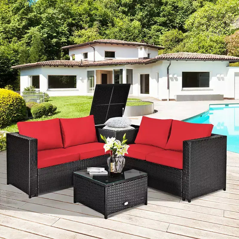 Costway 4PCS Outdoor Patio Rattan Furniture Set Cushion Loveseat Storage Table Turquoise\Red