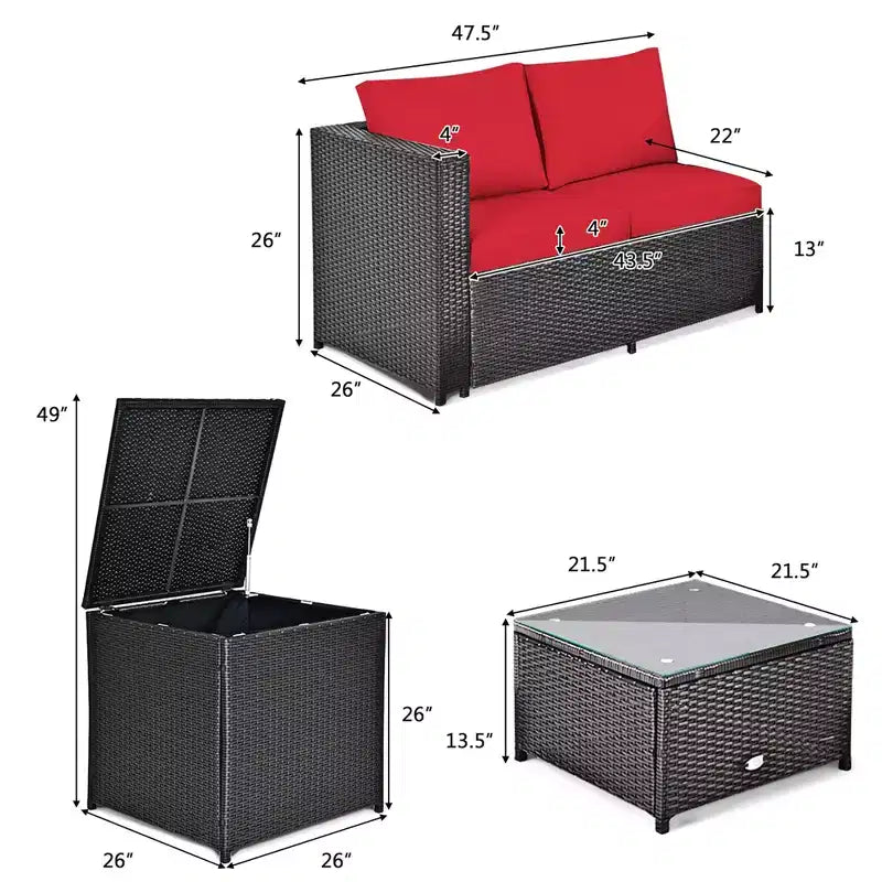 Costway 4PCS Outdoor Patio Rattan Furniture Set Cushion Loveseat Storage Table Turquoise\Red