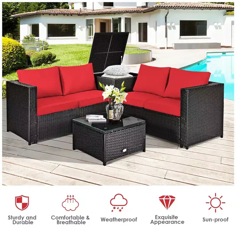 Costway 4PCS Outdoor Patio Rattan Furniture Set Cushion Loveseat Storage Table Turquoise\Red