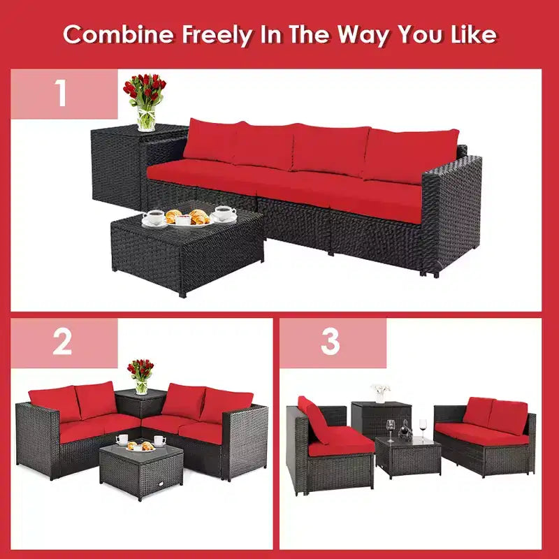 Costway 4PCS Outdoor Patio Rattan Furniture Set Cushion Loveseat Storage Table Turquoise\Red