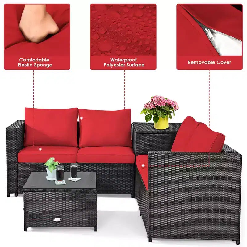 Costway 4PCS Outdoor Patio Rattan Furniture Set Cushion Loveseat Storage Table Turquoise\Red