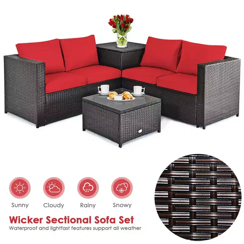 Costway 4PCS Outdoor Patio Rattan Furniture Set Cushion Loveseat Storage Table Turquoise\Red