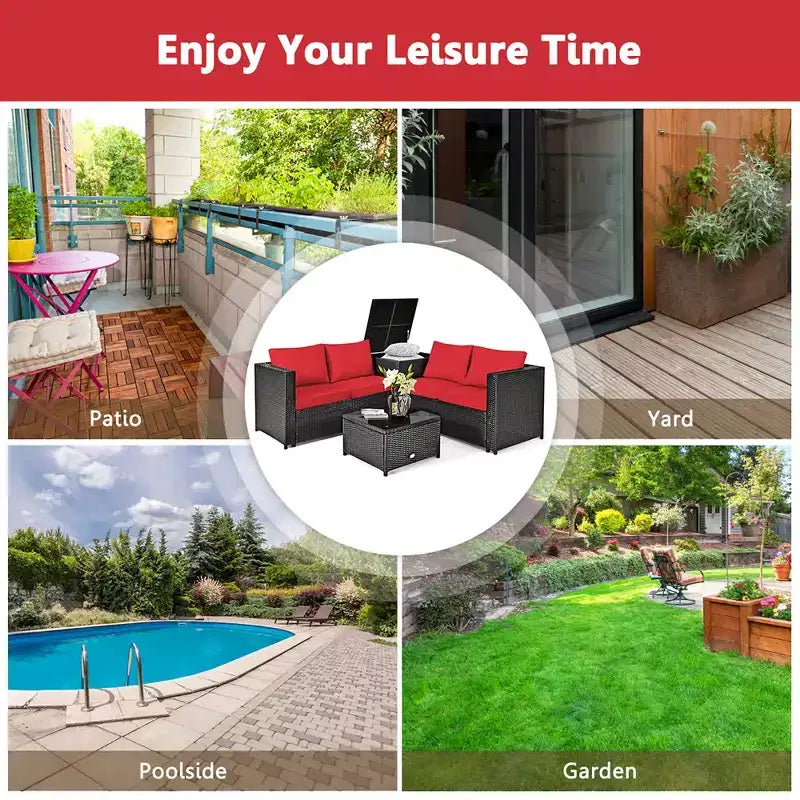 Costway 4PCS Outdoor Patio Rattan Furniture Set Cushion Loveseat Storage Table Turquoise\Red