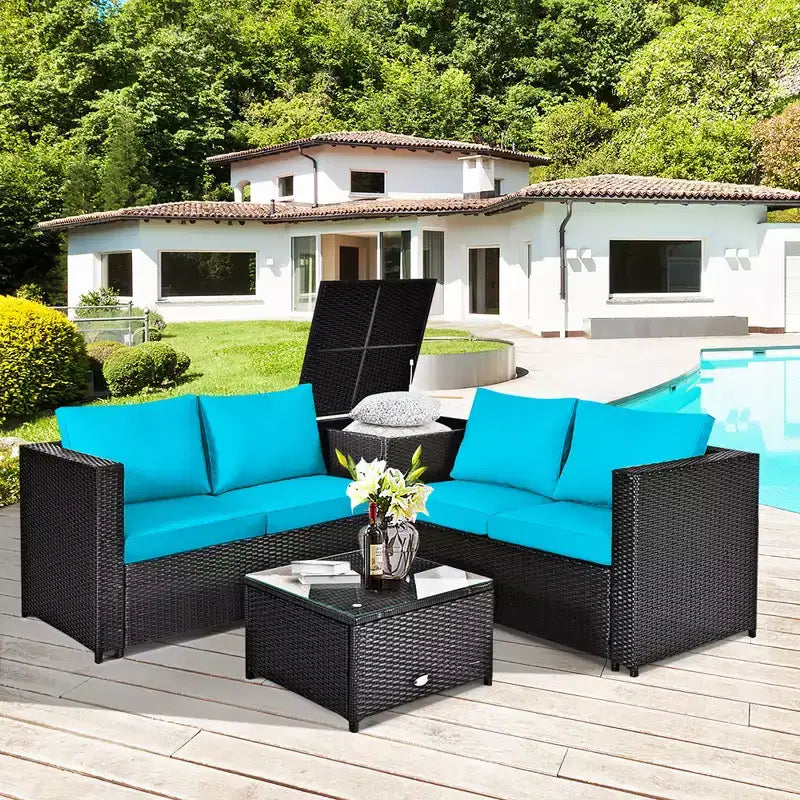 Costway 4PCS Outdoor Patio Rattan Furniture Set Cushion Loveseat Storage Table Turquoise\Red