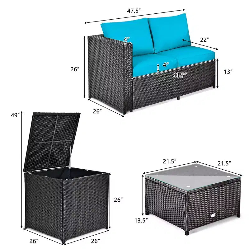 Costway 4PCS Outdoor Patio Rattan Furniture Set Cushion Loveseat Storage Table Turquoise\Red