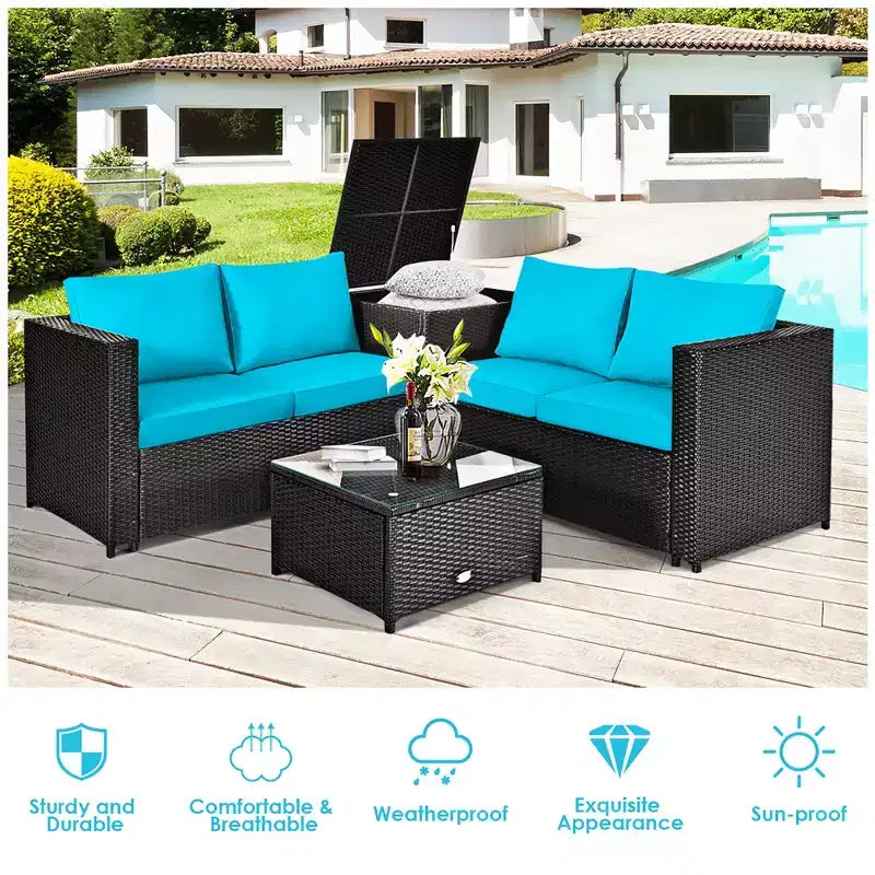 Costway 4PCS Outdoor Patio Rattan Furniture Set Cushion Loveseat Storage Table Turquoise\Red