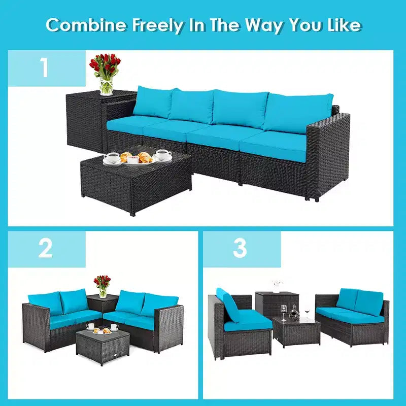 Costway 4PCS Outdoor Patio Rattan Furniture Set Cushion Loveseat Storage Table Turquoise\Red