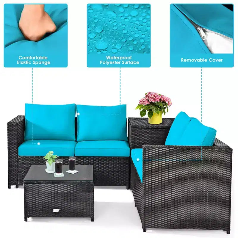 Costway 4PCS Outdoor Patio Rattan Furniture Set Cushion Loveseat Storage Table Turquoise\Red