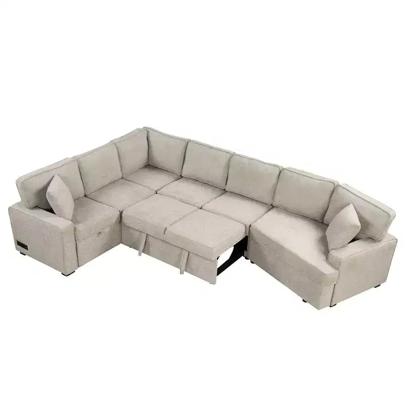 126W Convertible Sectional Sofa Couch Set, Pull-out Sleeper Sofa Bed with Charging Devices and Cup Holders 4S -ModernLuxe