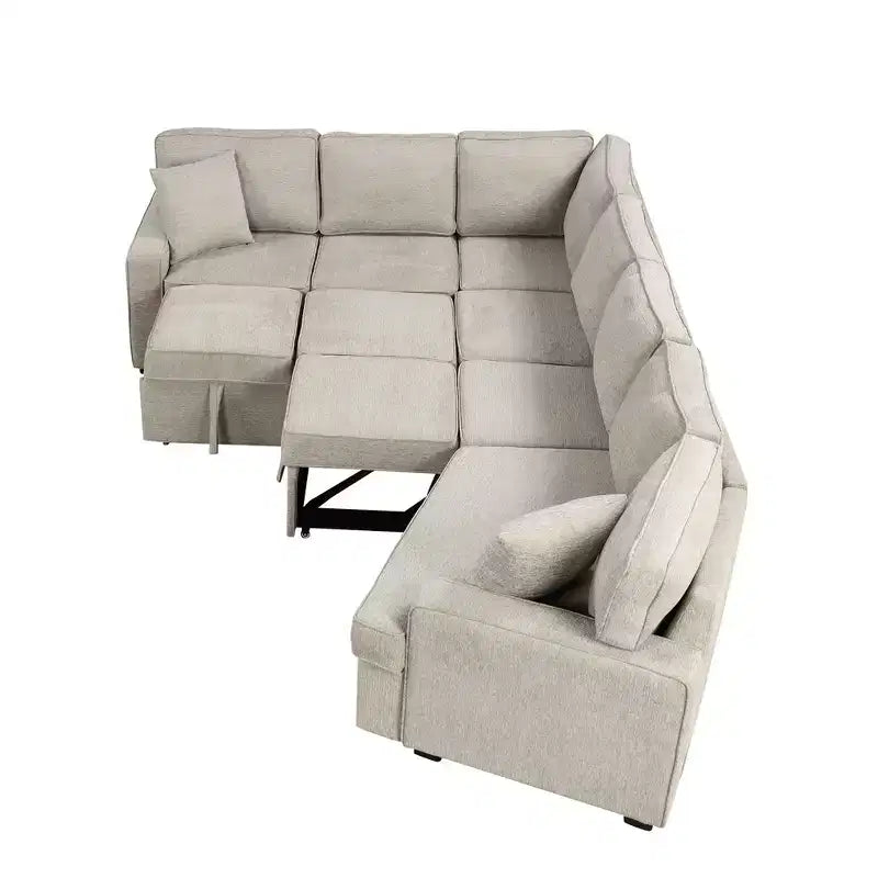 126W Convertible Sectional Sofa Couch Set, Pull-out Sleeper Sofa Bed with Charging Devices and Cup Holders 4S -ModernLuxe