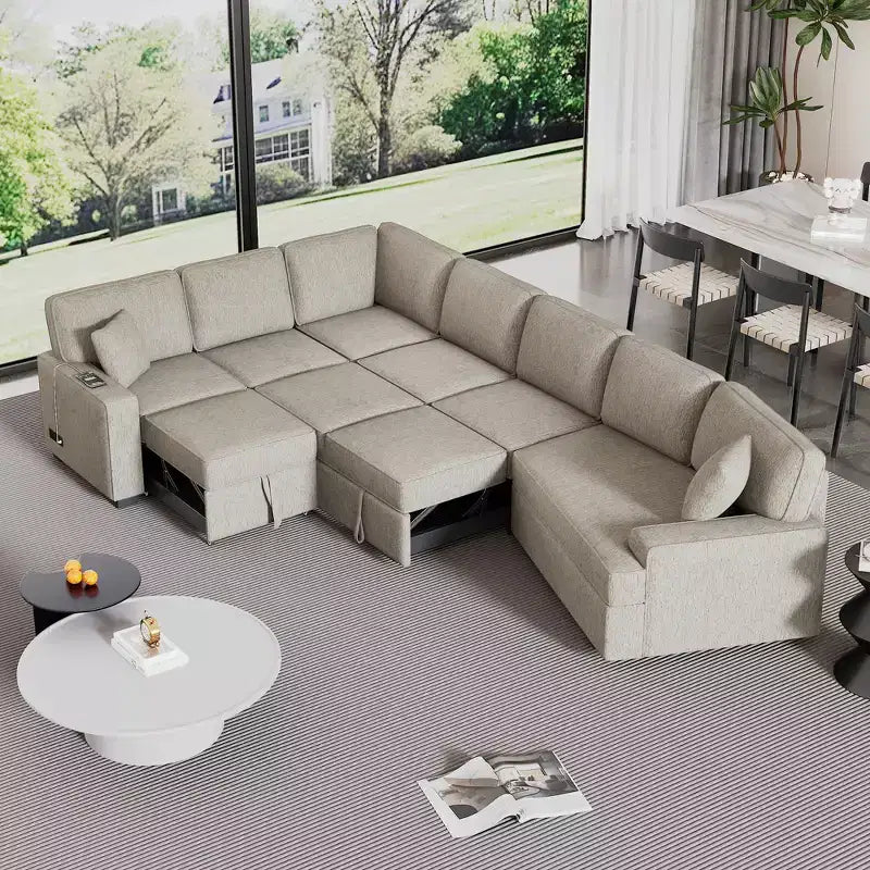 126W Convertible Sectional Sofa Couch Set, Pull-out Sleeper Sofa Bed with Charging Devices and Cup Holders 4S -ModernLuxe