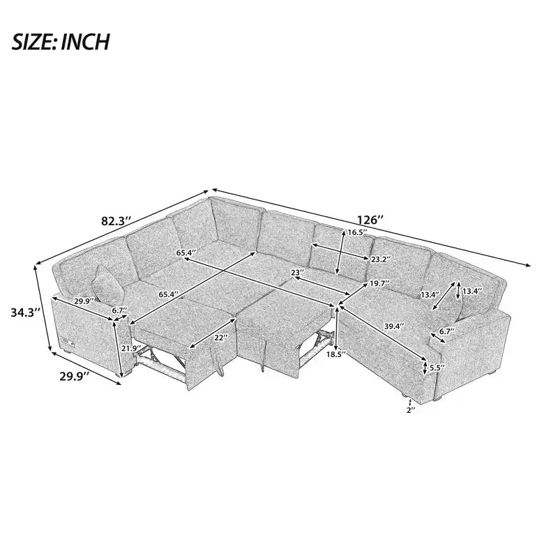 126W Convertible Sectional Sofa Couch Set, Pull-out Sleeper Sofa Bed with Charging Devices and Cup Holders 4S -ModernLuxe