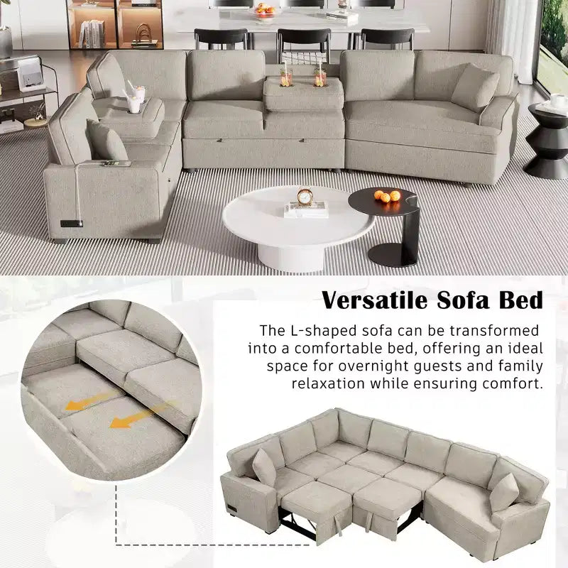126W Convertible Sectional Sofa Couch Set, Pull-out Sleeper Sofa Bed with Charging Devices and Cup Holders 4S -ModernLuxe
