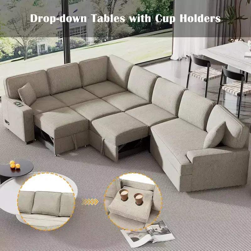 126W Convertible Sectional Sofa Couch Set, Pull-out Sleeper Sofa Bed with Charging Devices and Cup Holders 4S -ModernLuxe