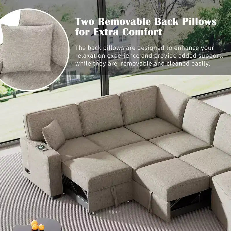126W Convertible Sectional Sofa Couch Set, Pull-out Sleeper Sofa Bed with Charging Devices and Cup Holders 4S -ModernLuxe