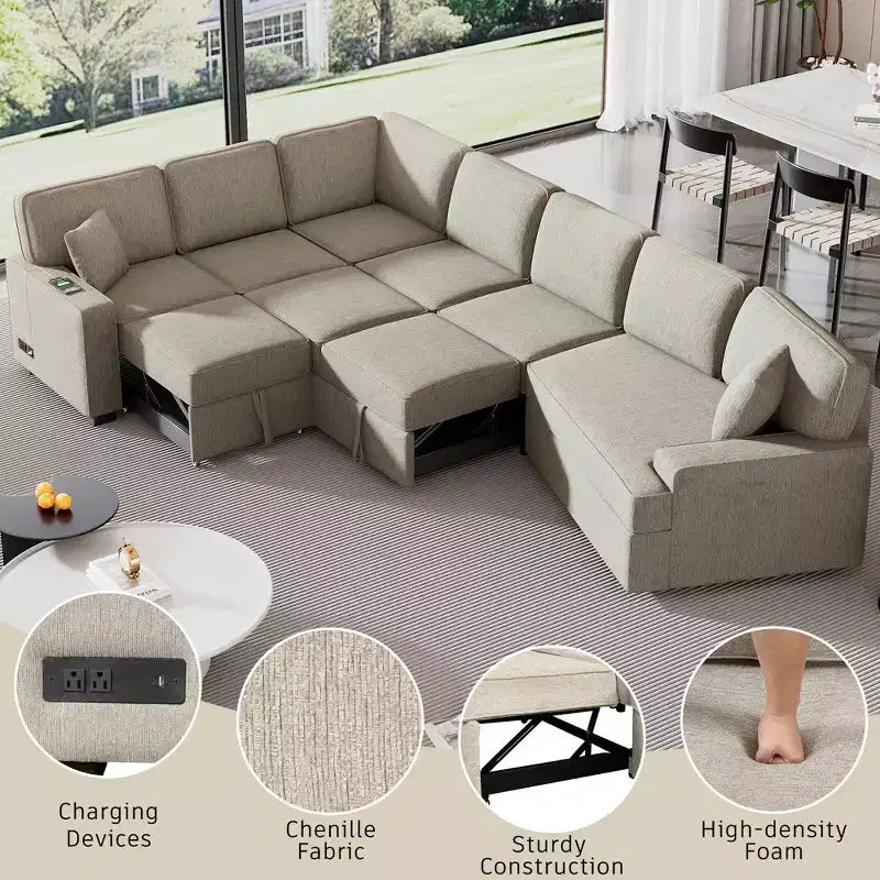 126W Convertible Sectional Sofa Couch Set, Pull-out Sleeper Sofa Bed with Charging Devices and Cup Holders 4S -ModernLuxe