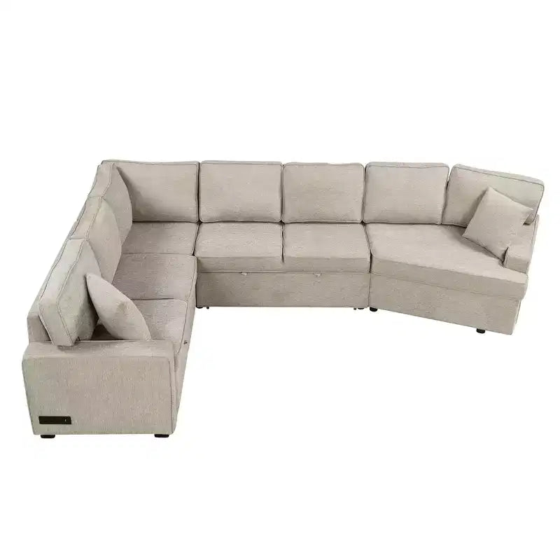 126W Convertible Sectional Sofa Couch Set, Pull-out Sleeper Sofa Bed with Charging Devices and Cup Holders 4S -ModernLuxe