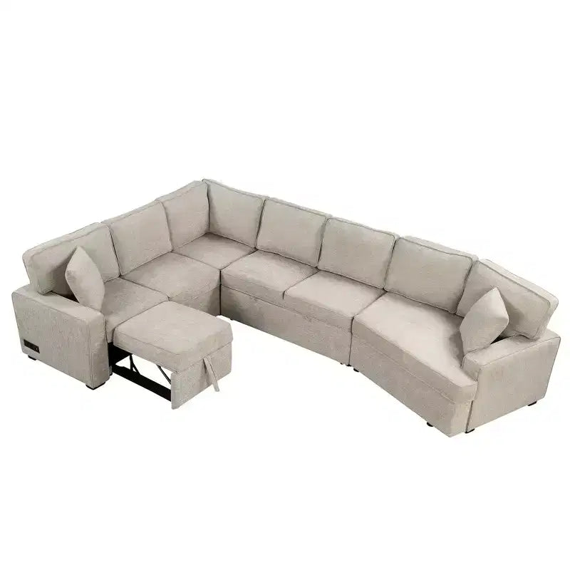 126W Convertible Sectional Sofa Couch Set, Pull-out Sleeper Sofa Bed with Charging Devices and Cup Holders 4S -ModernLuxe