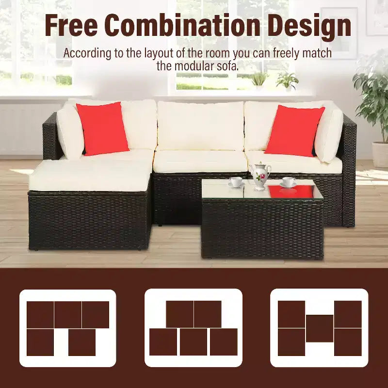 FDW 5-Piece Rattan Patio Furniture Set Modern Outdoor Sectional Sofa Conversation Sofa Set with Corner Chairs Pillow and Glass-Top Table, Khaki