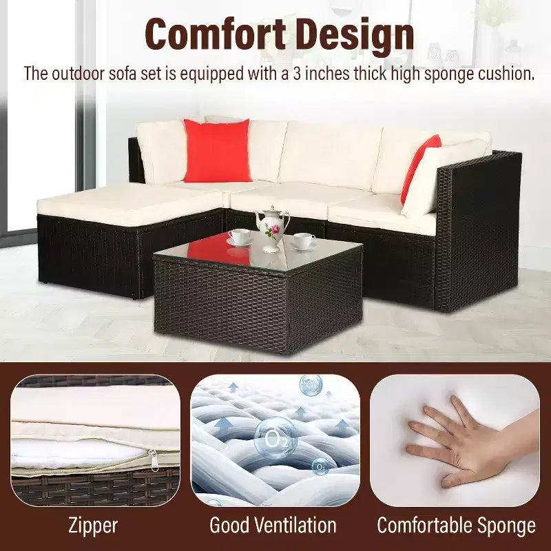 FDW 5-Piece Rattan Patio Furniture Set Modern Outdoor Sectional Sofa Conversation Sofa Set with Corner Chairs Pillow and Glass-Top Table, Khaki