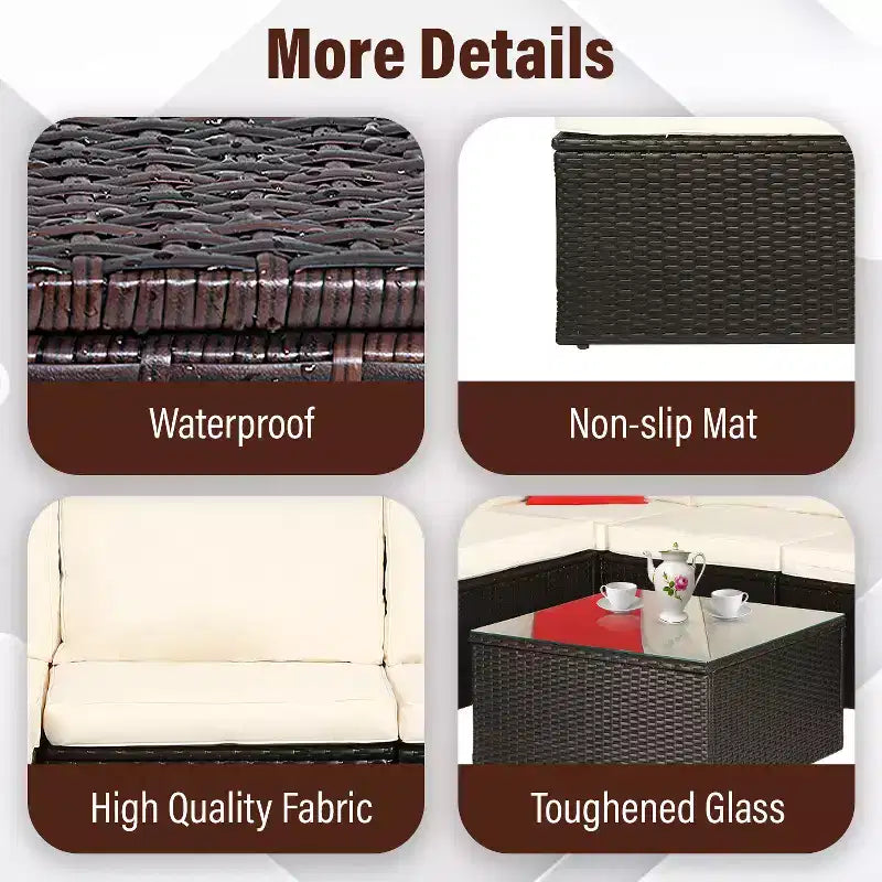 FDW 5-Piece Rattan Patio Furniture Set Modern Outdoor Sectional Sofa Conversation Sofa Set with Corner Chairs Pillow and Glass-Top Table, Khaki