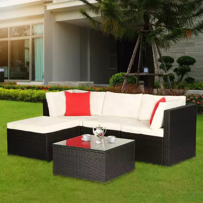 FDW 5-Piece Rattan Patio Furniture Set Modern Outdoor Sectional Sofa Conversation Sofa Set with Corner Chairs Pillow and Glass-Top Table, Khaki