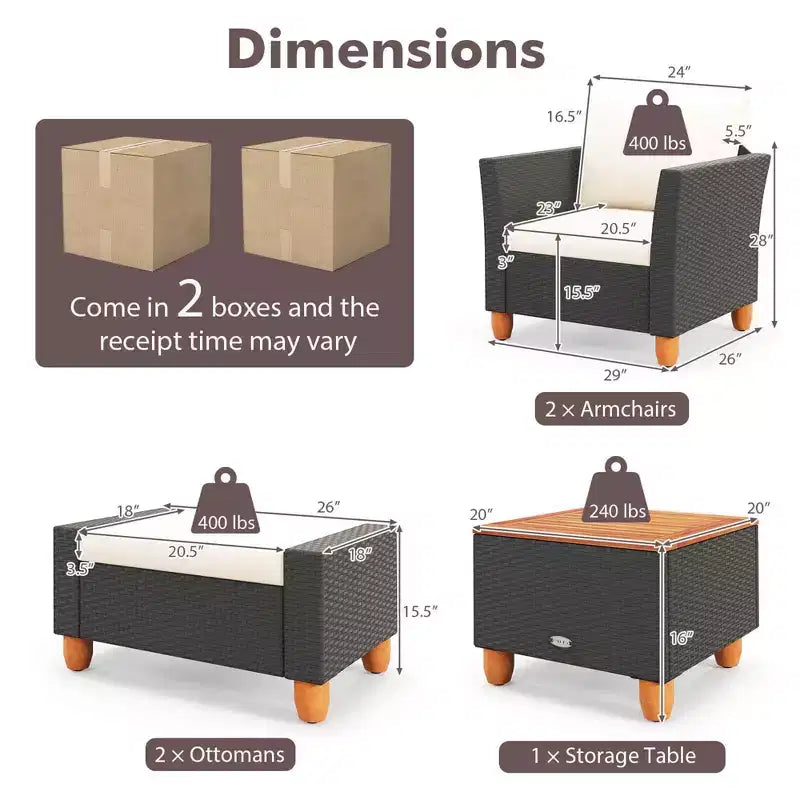 Costway 5 PCS Patio Furniture Set with Storage Table Ottomans Soft Pillows & Cushions
