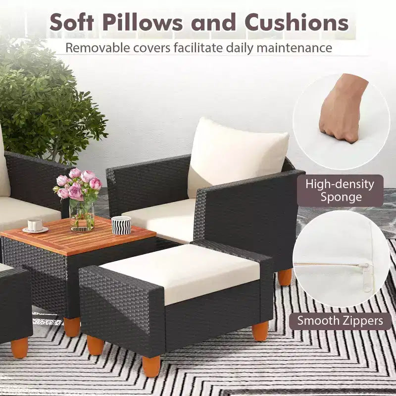Costway 5 PCS Patio Furniture Set with Storage Table Ottomans Soft Pillows & Cushions