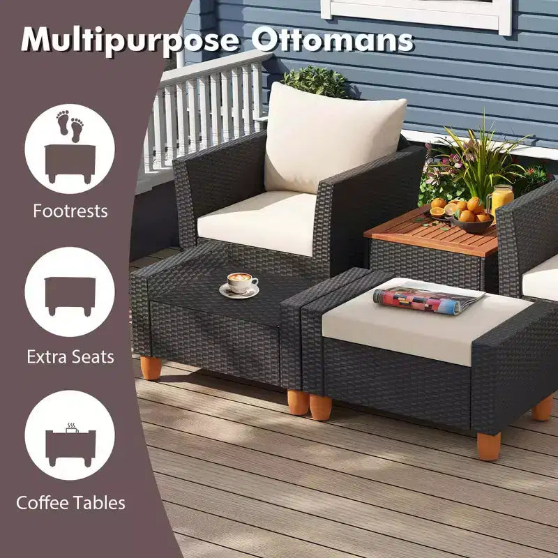 Costway 5 PCS Patio Furniture Set with Storage Table Ottomans Soft Pillows & Cushions